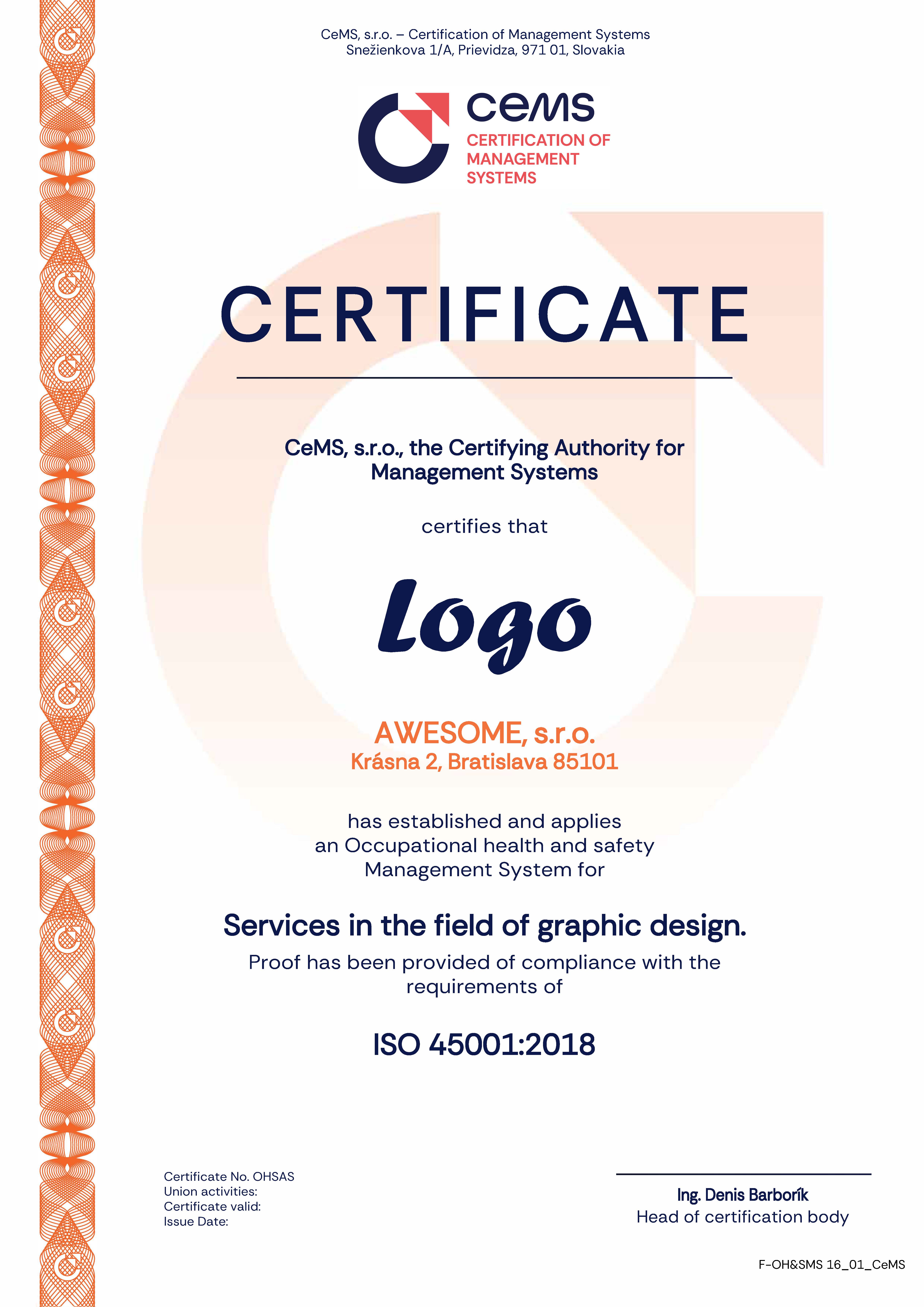 Certificate ISO 45001 by CeMS